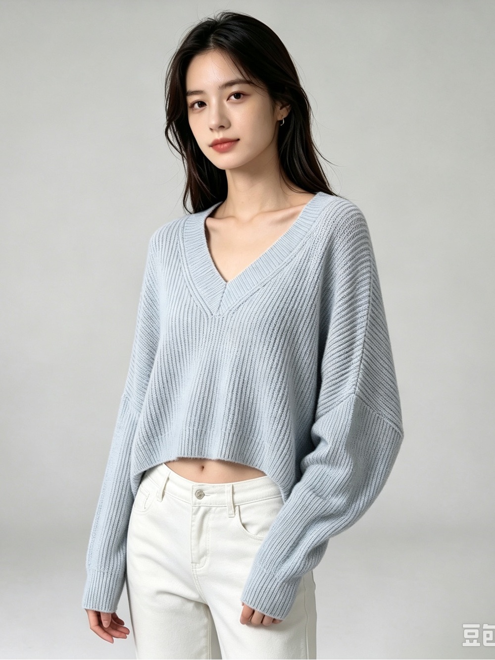 White House Black Market Ribbed V-Neck Oversized Sweater Light Blue L-Sleeve M